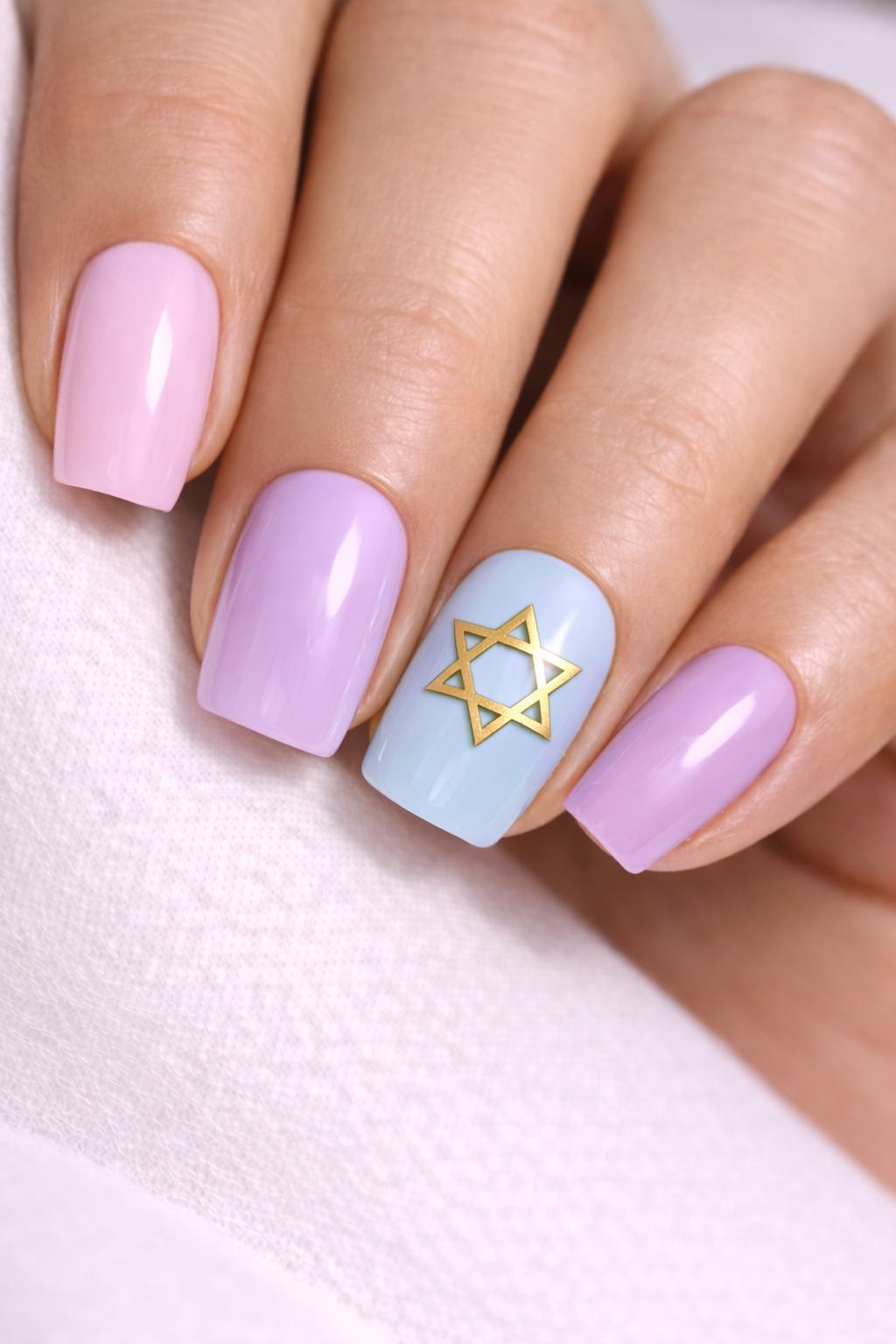 Gold Star of David nail sticker on a pastel manicure